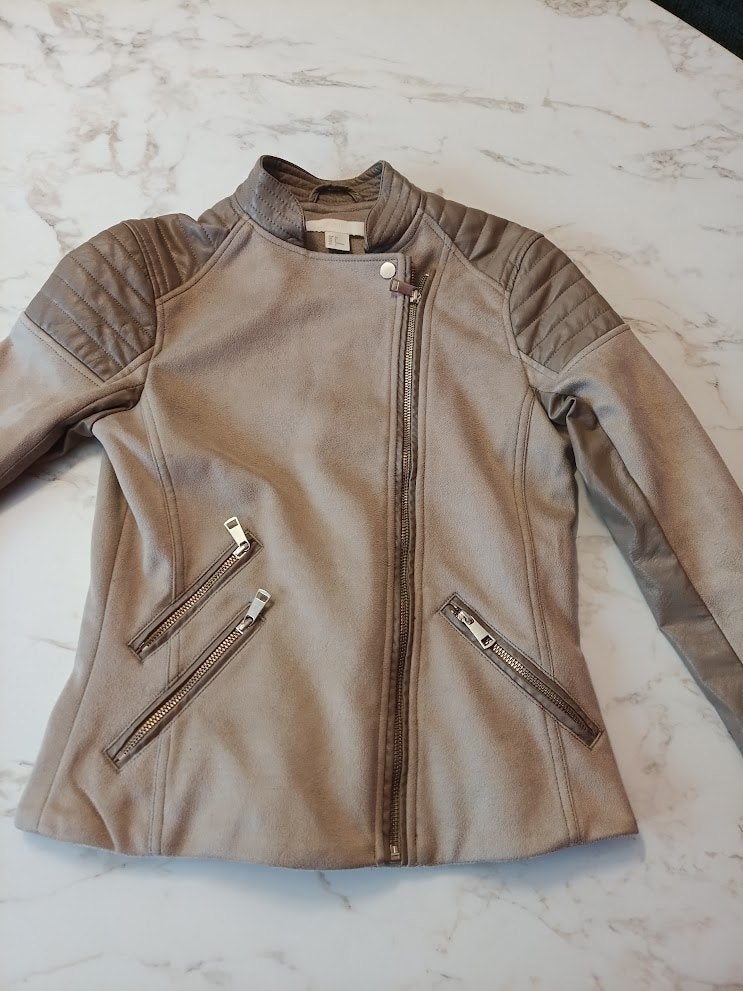 Veste style / Biker effet suédine et similicuir XS, Ophalen, H&M, Beige, Maat 34 (XS) of kleiner