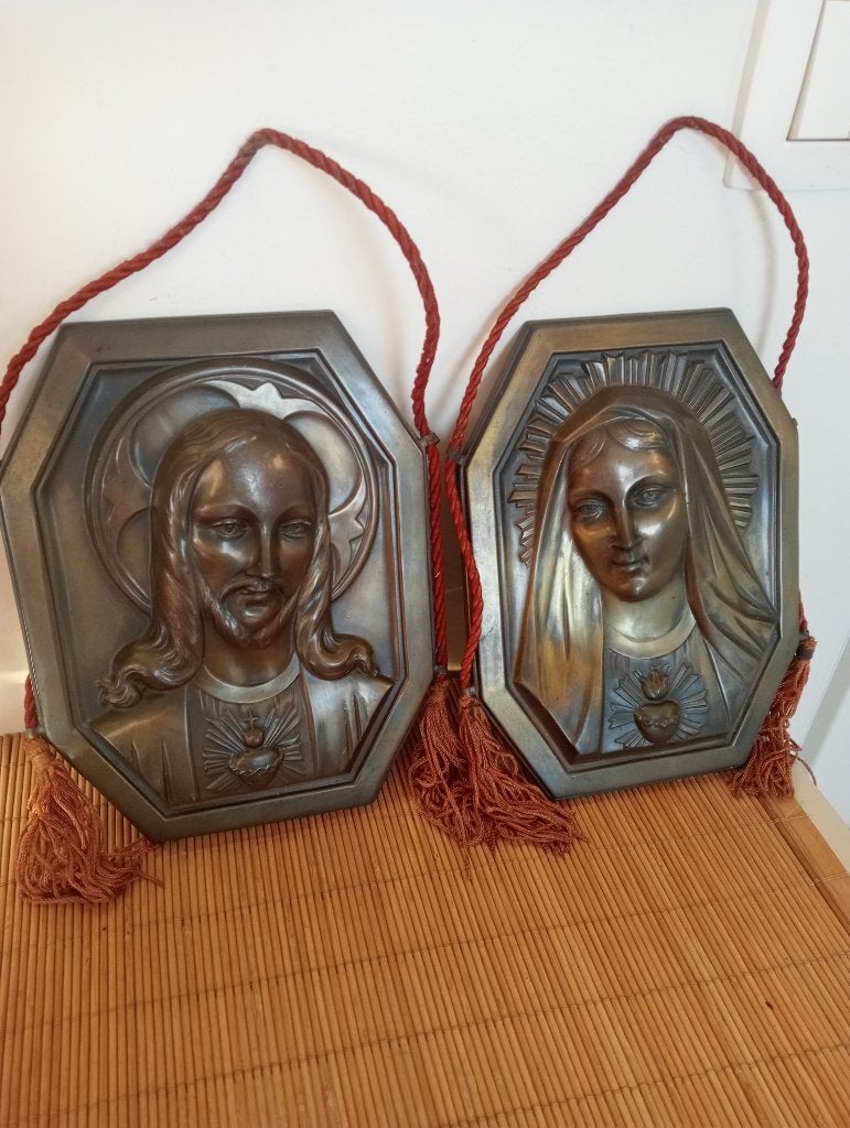Vintage koperen ophangplaten Jesus en Maria Belgisch, Antiek en Kunst, Antiek | Religieuze voorwerpen, Ophalen of Verzenden