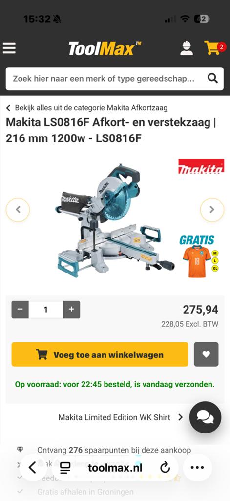 Makita afkortzaag 2 keer gebruikt, Doe-het-zelf en Bouw, Ophalen, Zo goed als nieuw, Afkortzaag