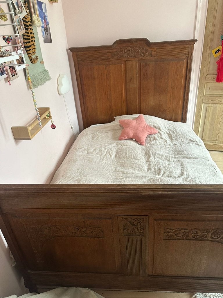 Antiek houten twijfelaar 120x180 –  met lattenbodem & matras, Gebruikt, Bruin, 190 cm of minder, Twijfelaar