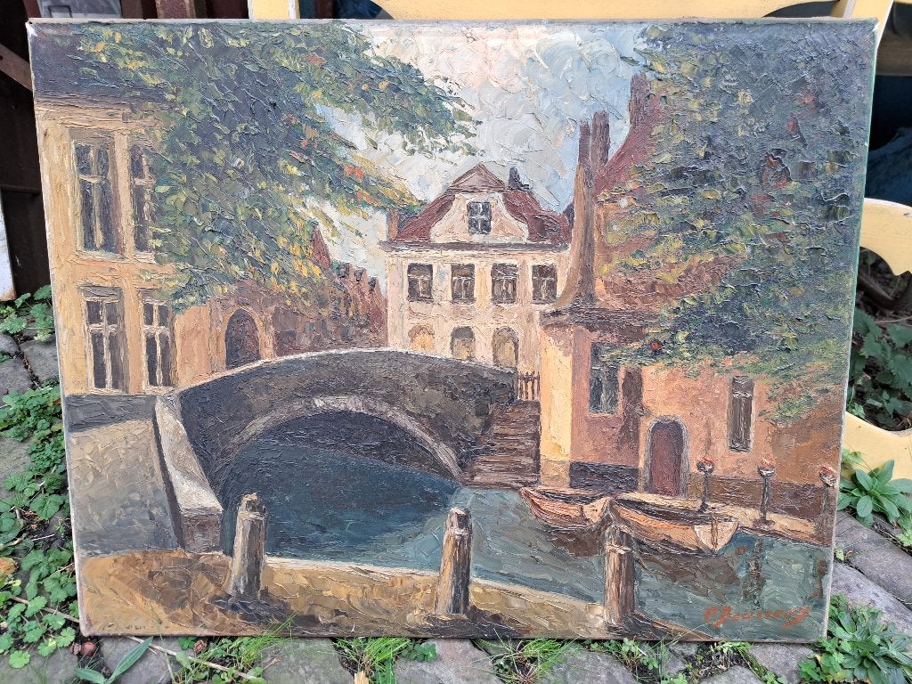 Huile sur toile pont de Bruges signe, Enlèvement ou Envoi, Toile