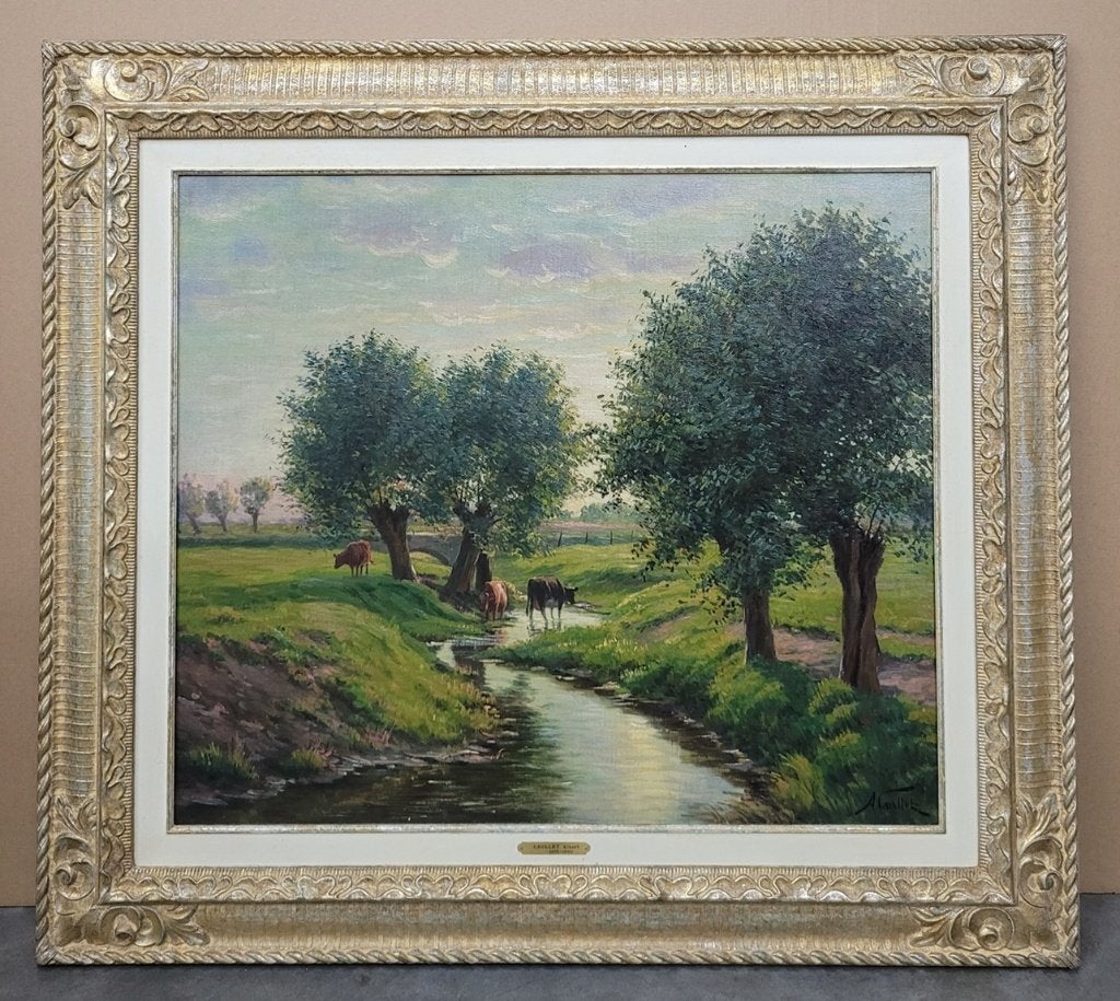 Albert CAULLET, koeien bij de beek, Enlèvement ou Envoi, Paysage, Toile, Impressionniste
