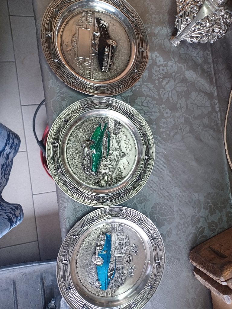 3 tinnen borden met oldtimer = collectors-item, Antiek en Kunst, Antiek | Tin, Ophalen