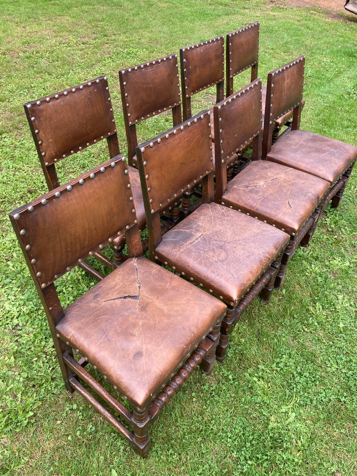 Kasteelstoelen met leer en dikke klinknagels - set van 8, Antiek en Kunst, Ophalen