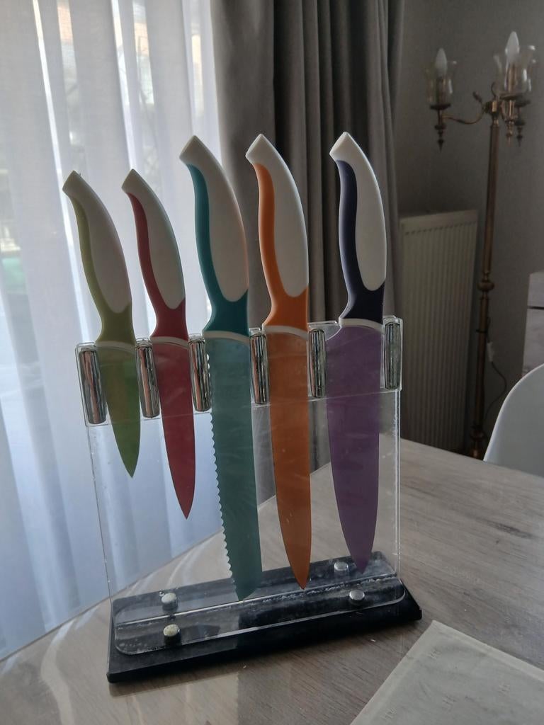 Prachtige set van 5 kleurrijke keukenmessen, Antiek en Kunst, Kunst | Designobjecten, Ophalen of Verzenden