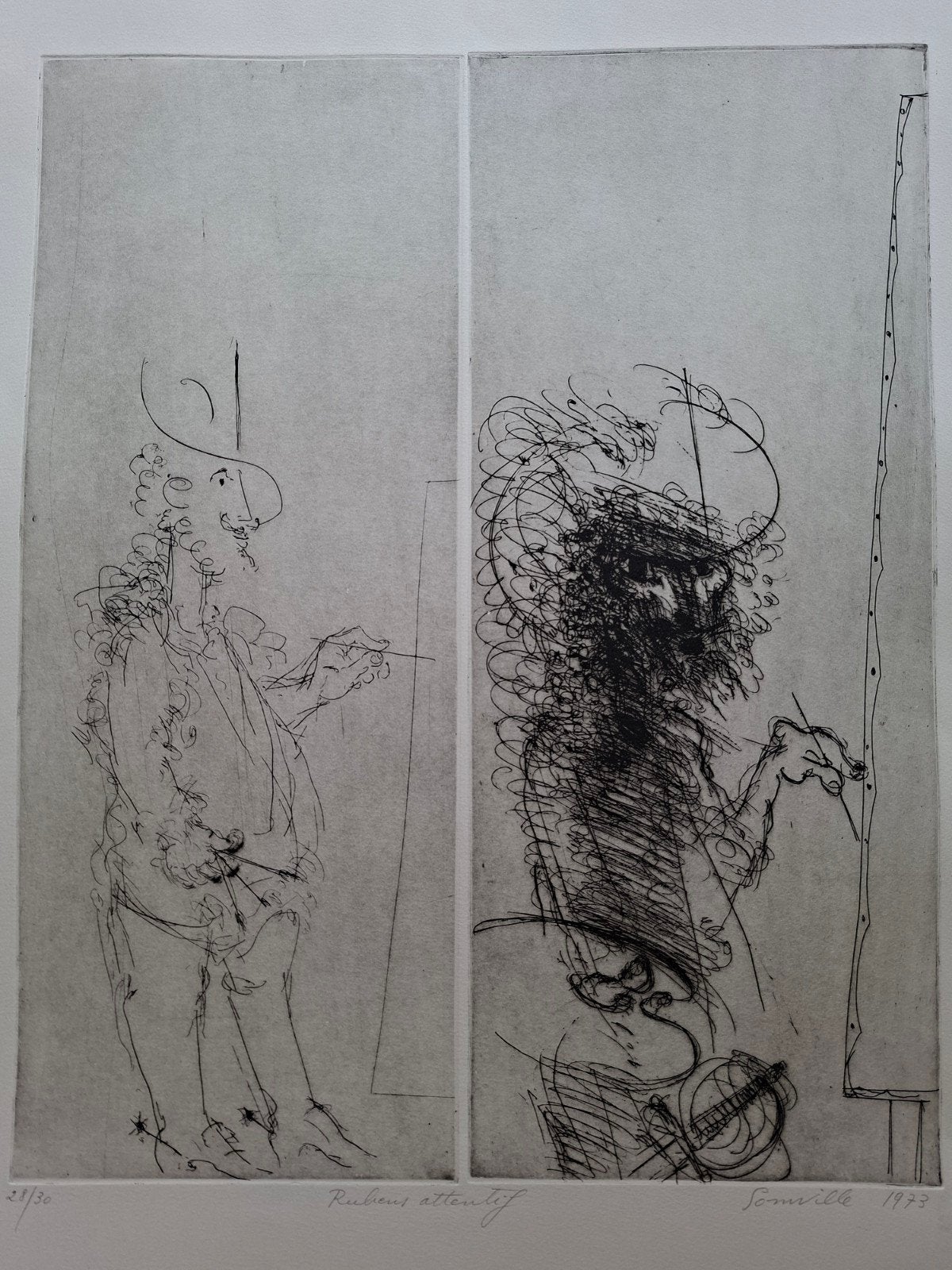 SOMVILLE Roger "Rubens attentif" 1973 2 etsen op 1 blad, Antiek en Kunst, Kunst | Etsen en Gravures, Ophalen of Verzenden, Genummerd
