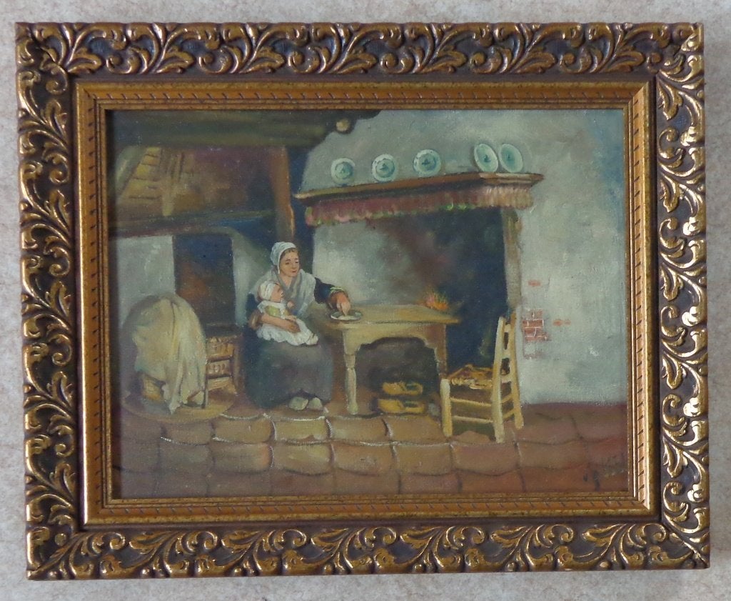 ONLEESBAAR / INTERIEURZICHT / OLIEVERF / 41x51cm / KADER SIG, Antiquités & Art, Portrait ou Personnes, Enlèvement ou Envoi, Peinture à l'huile