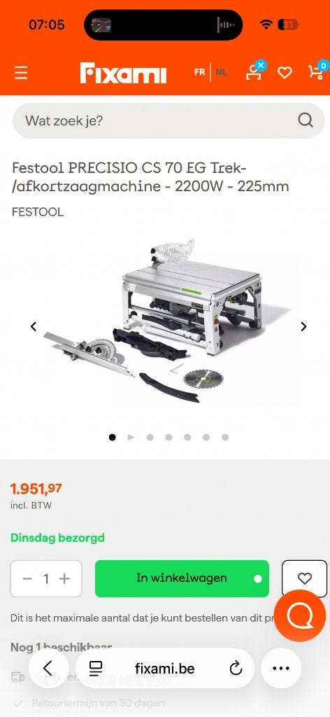 Festool PRECISIO CS 70 EG Trek-afkortzaagmachine, Ophalen, 70 mm of meer, Festfool, Zo goed als nieuw