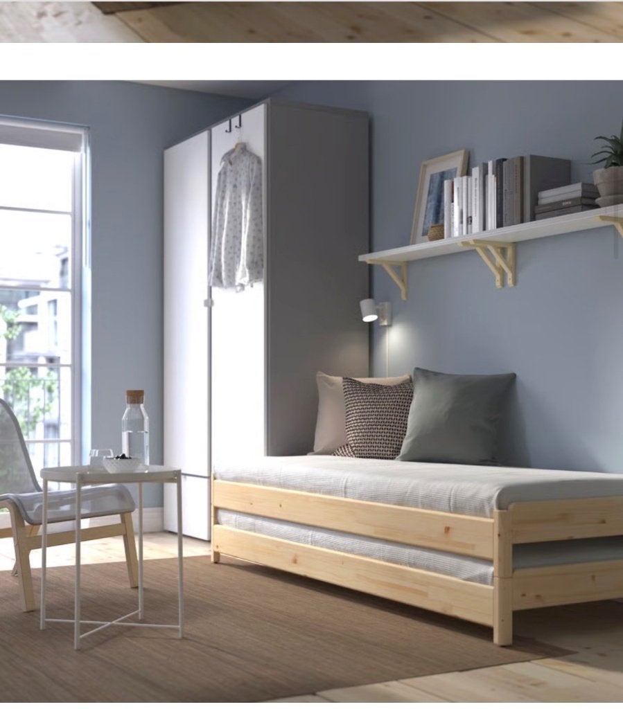 bed stapelbaar met matrassen, Beige, Comme neuf, 200 cm, Bois