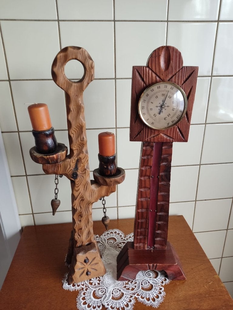 Kaarsenhouder en thermometer in hout, Ophalen