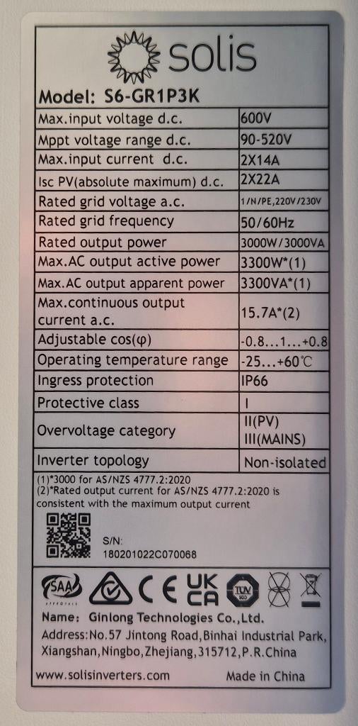Solis S6 omvormer, Doe-het-zelf en Bouw, Zonnepanelen en Toebehoren, Ophalen, Gebruikt, Compleet systeem, 200 wattpiek of meer