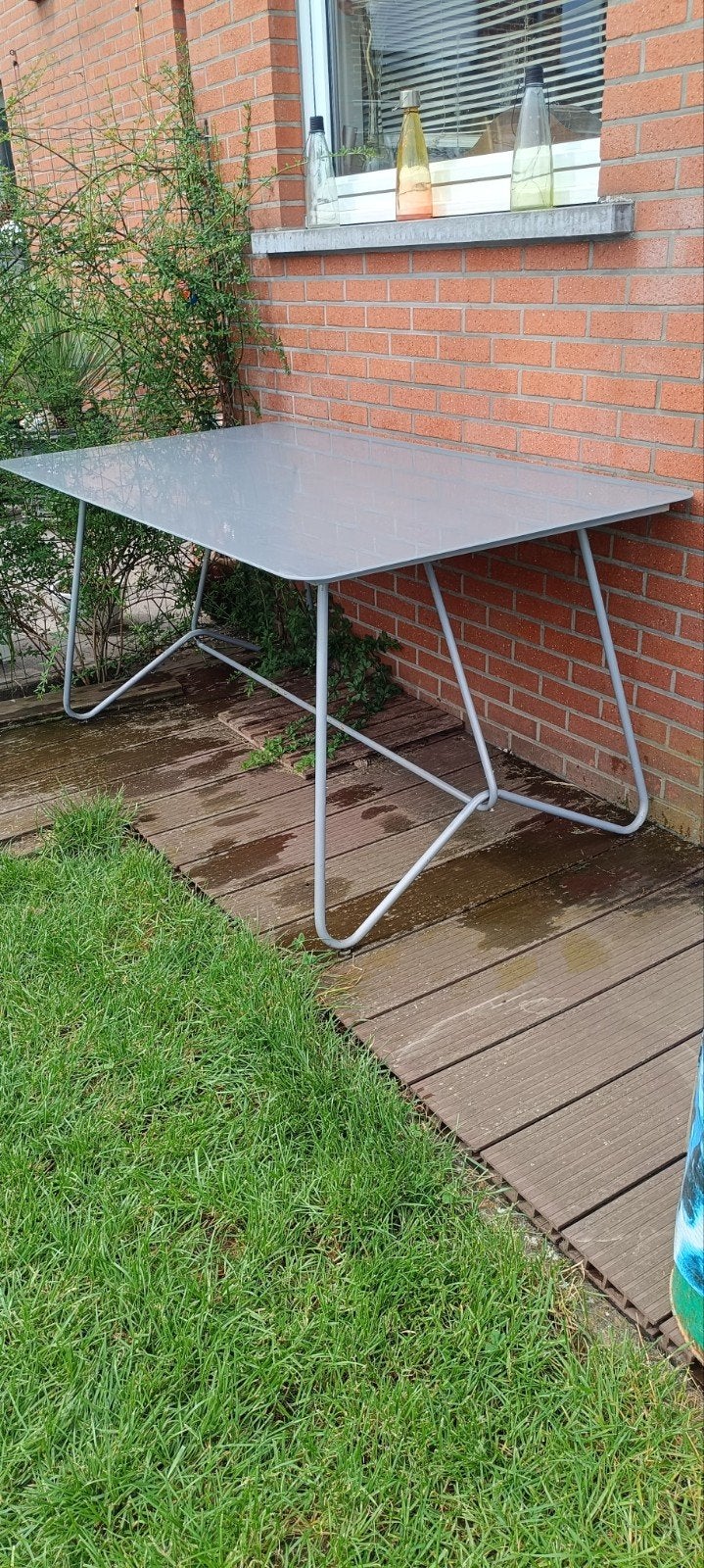 Tafel glazen blad metalen frame, Tuin en Terras, Tuintafels, Ophalen, Gebruikt, Rechthoekig