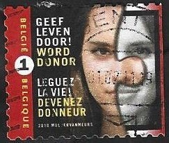 1 Postzegel België 2010 Donorcampagne, Postzegels en Munten, Postzegels | Europa | België, Ophalen of Verzenden, Gestempeld, 1e dag stempel