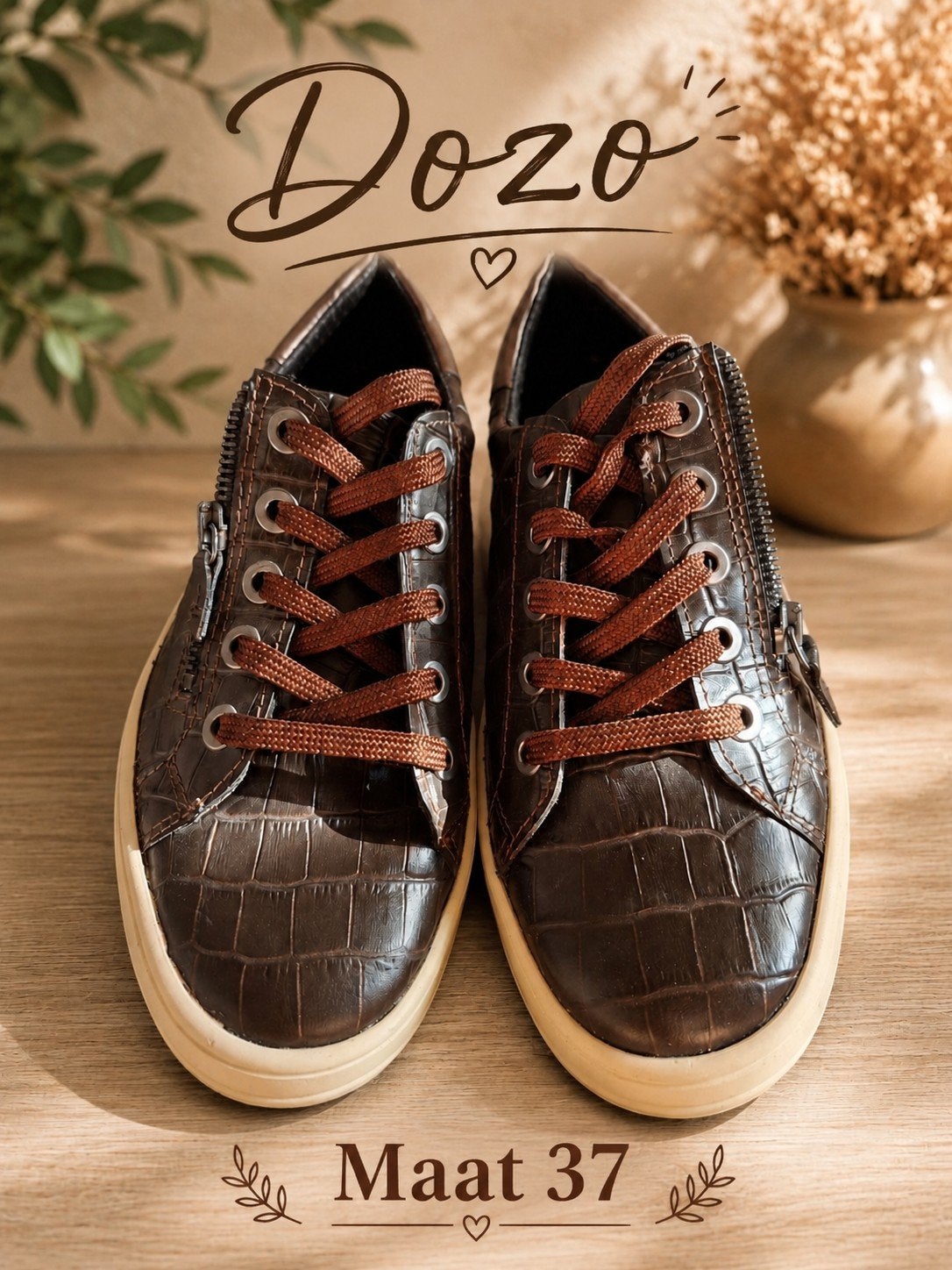 Dozo Bruine Leren Sneakers met Crocoprint & Rits – Maat 37, Kleding | Dames, Schoenen, Nieuw, Sneakers, Bruin, Ophalen