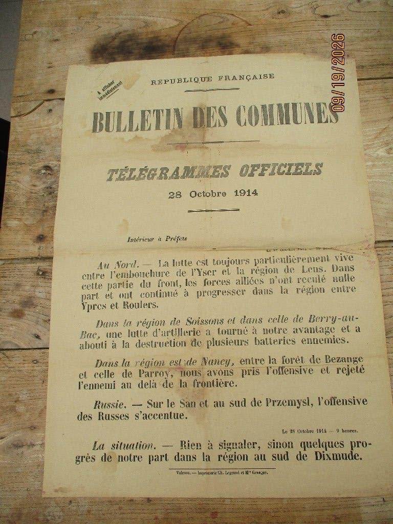 Affiche française 28/10/1914 Ypres, Enlèvement ou Envoi