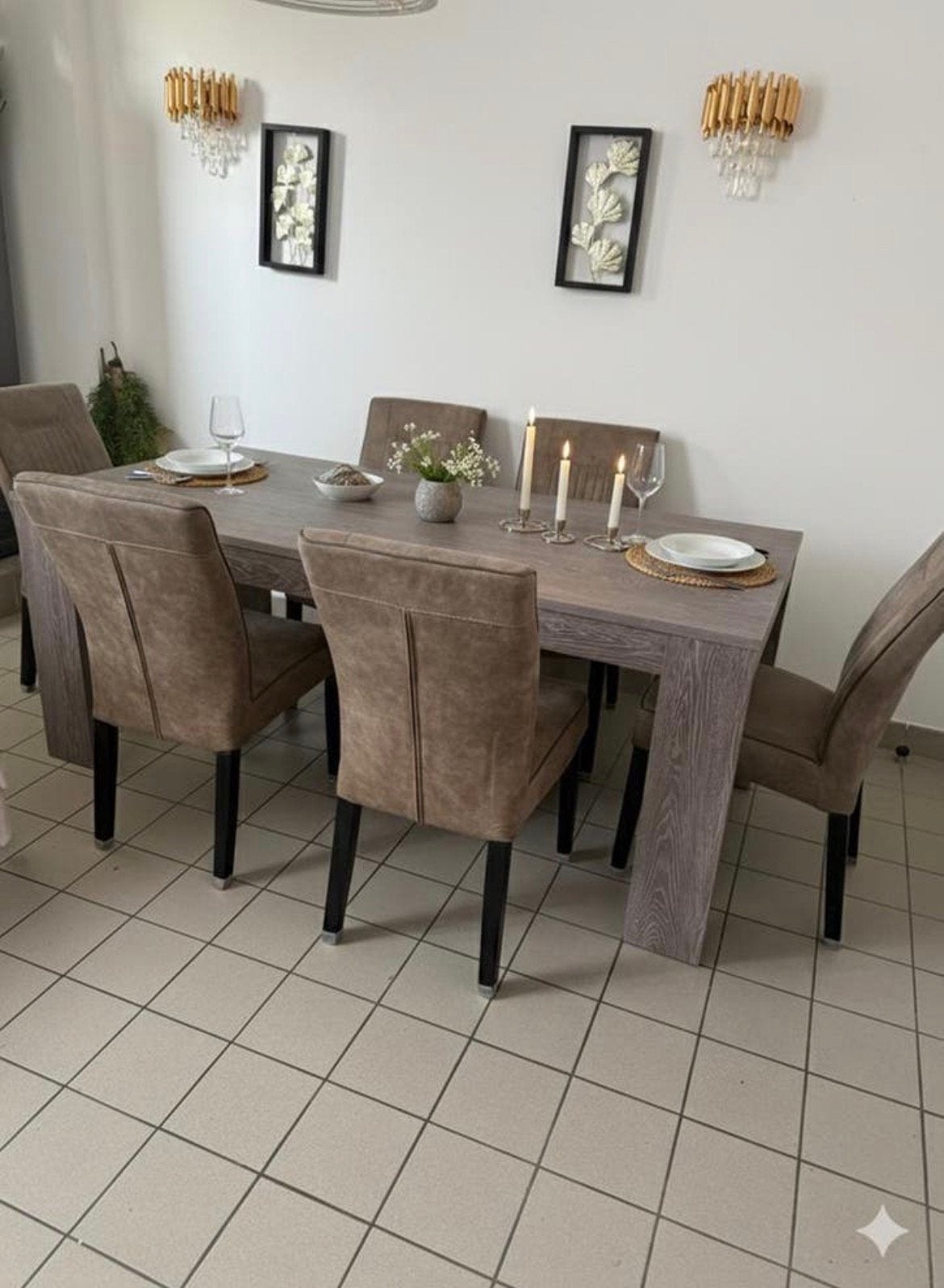 Grote eettafel met grijze eikenhouten afwerking (190 cm), Ophalen, Zo goed als nieuw, 6 tot 8 stoelen