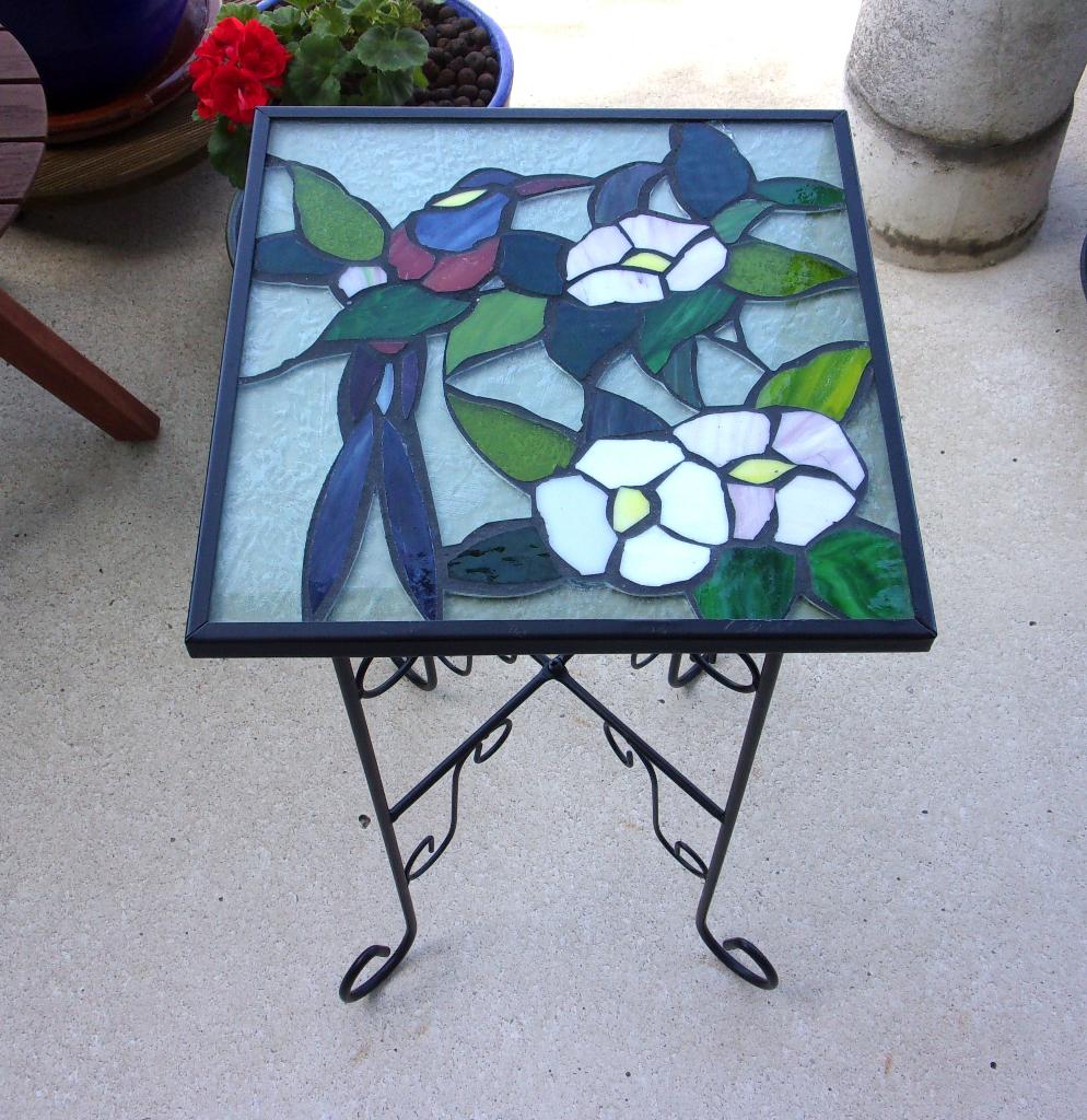 Table d'appoint en vitrail avec colibri et acier pour plante, Moins de 55 cm, Verre, Enlèvement, Carré