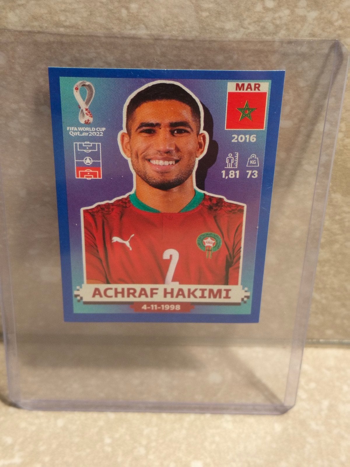 Panini sticker WK Qatar Hakimi marocco blauwe rand, Ophalen of Verzenden, Sticker