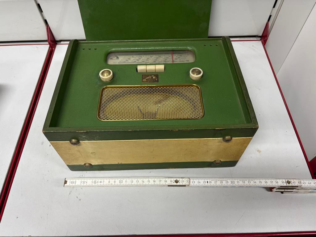 Vintage Radio „His Master's Voice” - 50’s - Green & Brass, Ophalen of Verzenden, Gebruikt, Radio