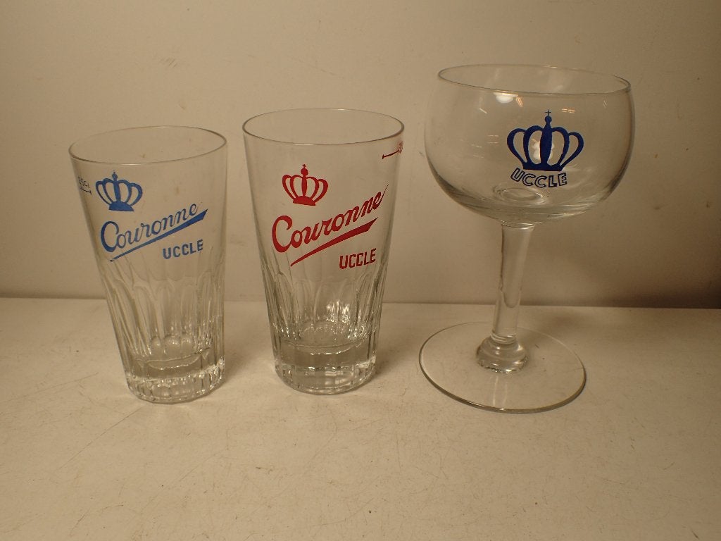 3 oude bierglazen De Kroon Ukkel, Verzamelen, Biermerken, Ophalen of Verzenden, Gebruikt, Glas of Glazen, Overige merken