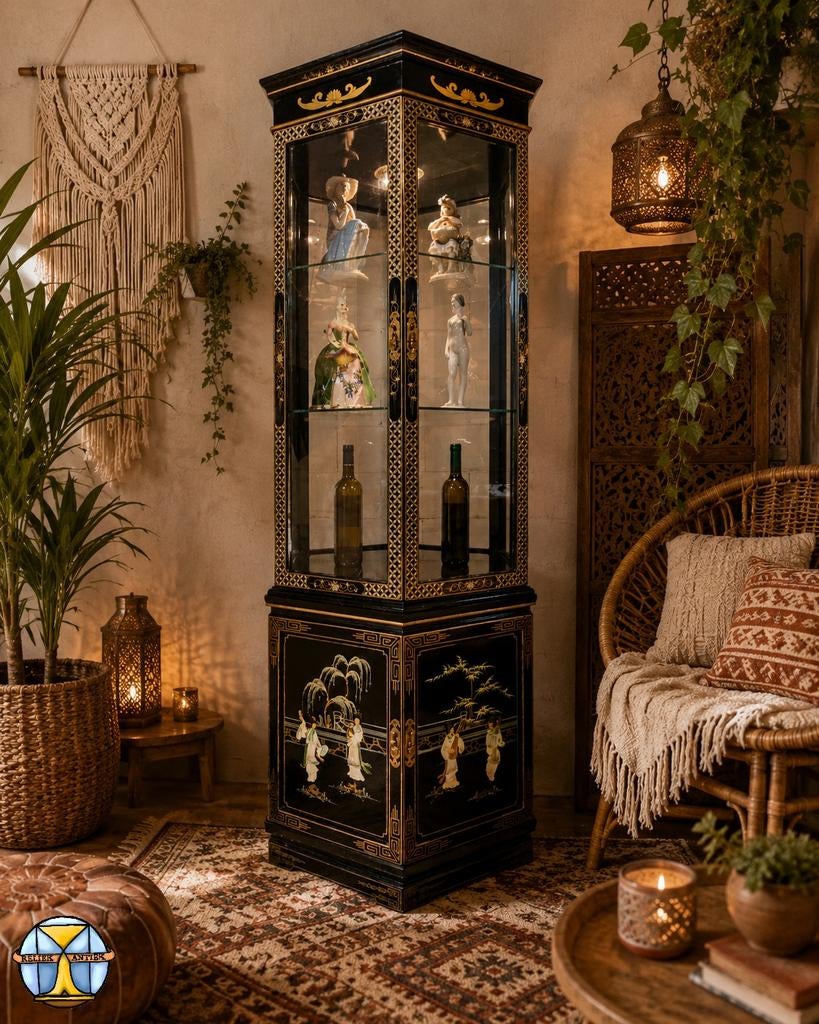 Vintage Chinese Vitrinekast / bohemian lakkast (speksteen), Huis en Inrichting, Met deur(en), Glas, 75 cm of meer, Vintage / chinees  / Aziatisch / oosters / bohemian