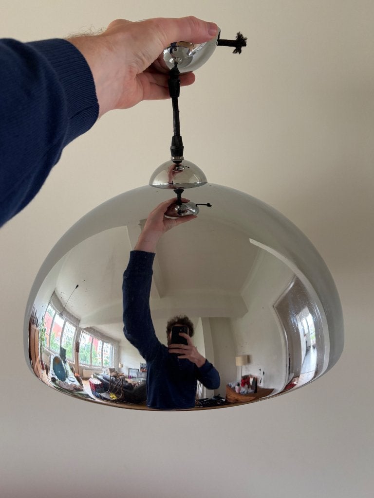 Zilverkleurige aluminium ophanging, Huis en Inrichting, Lampen | Hanglampen, Ophalen, Gebruikt, Vintage, Metaal