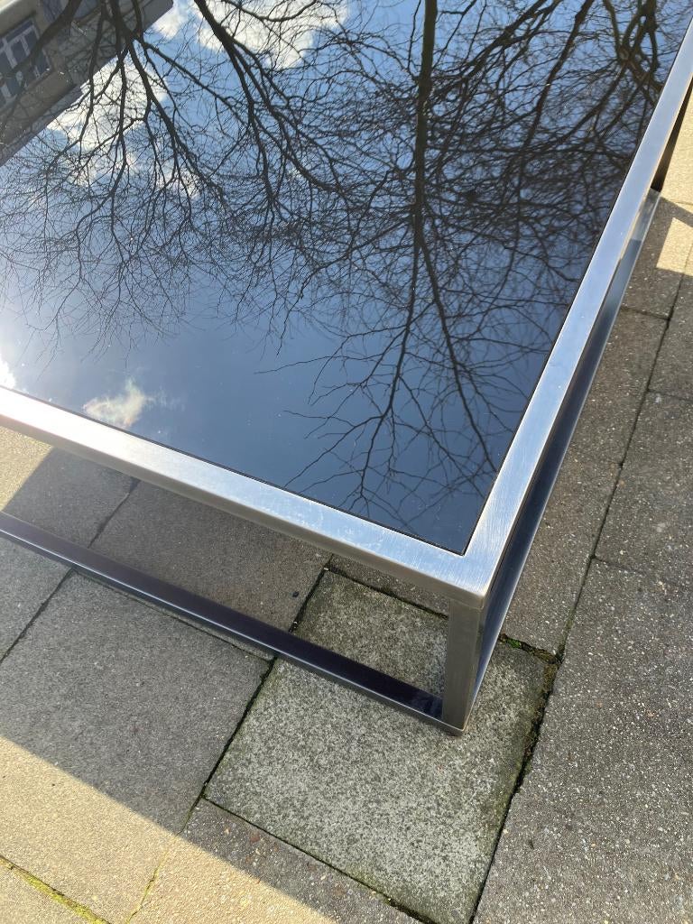 Table de salon moderne en chrome et verre teinté, 100 à 150 cm, Moins de 50 cm, Verre, Carré