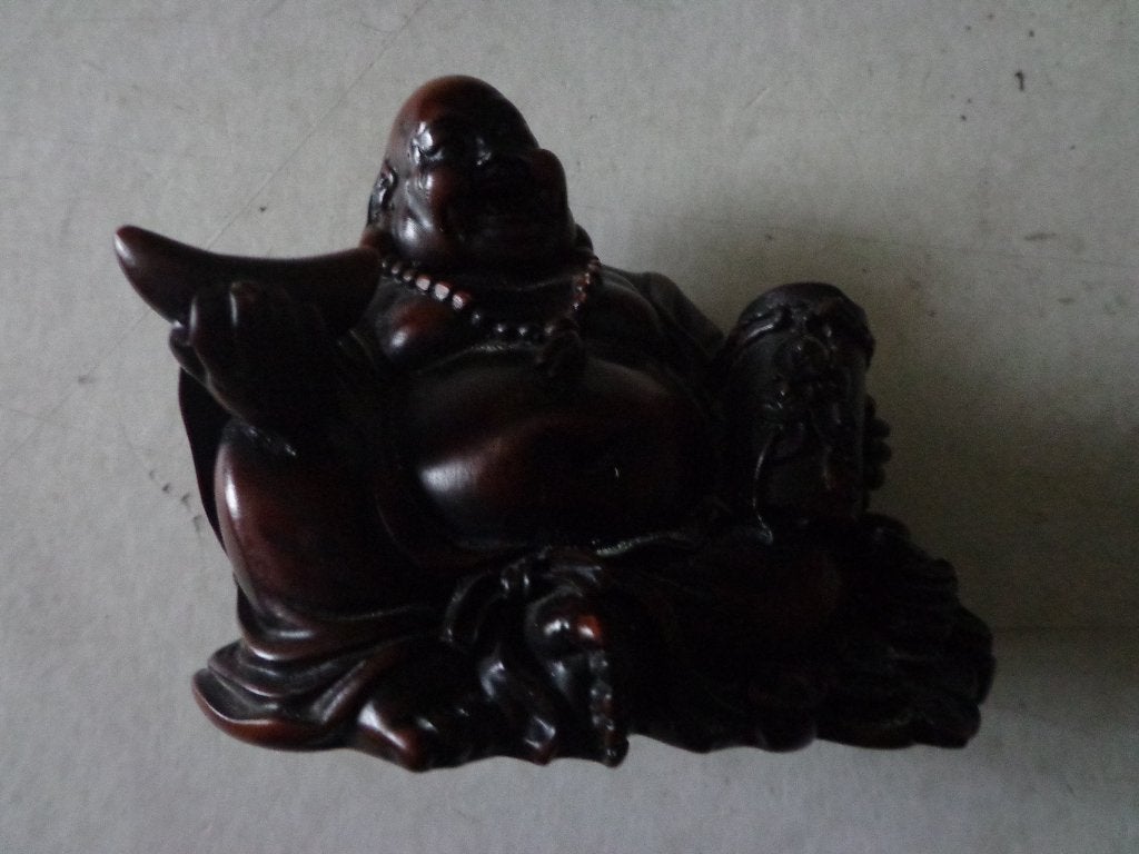 antieke lachende Boeddha (Budai) in rozenhout, Gebruikt, 10 cm, Ophalen of Verzenden, Handgemaakt