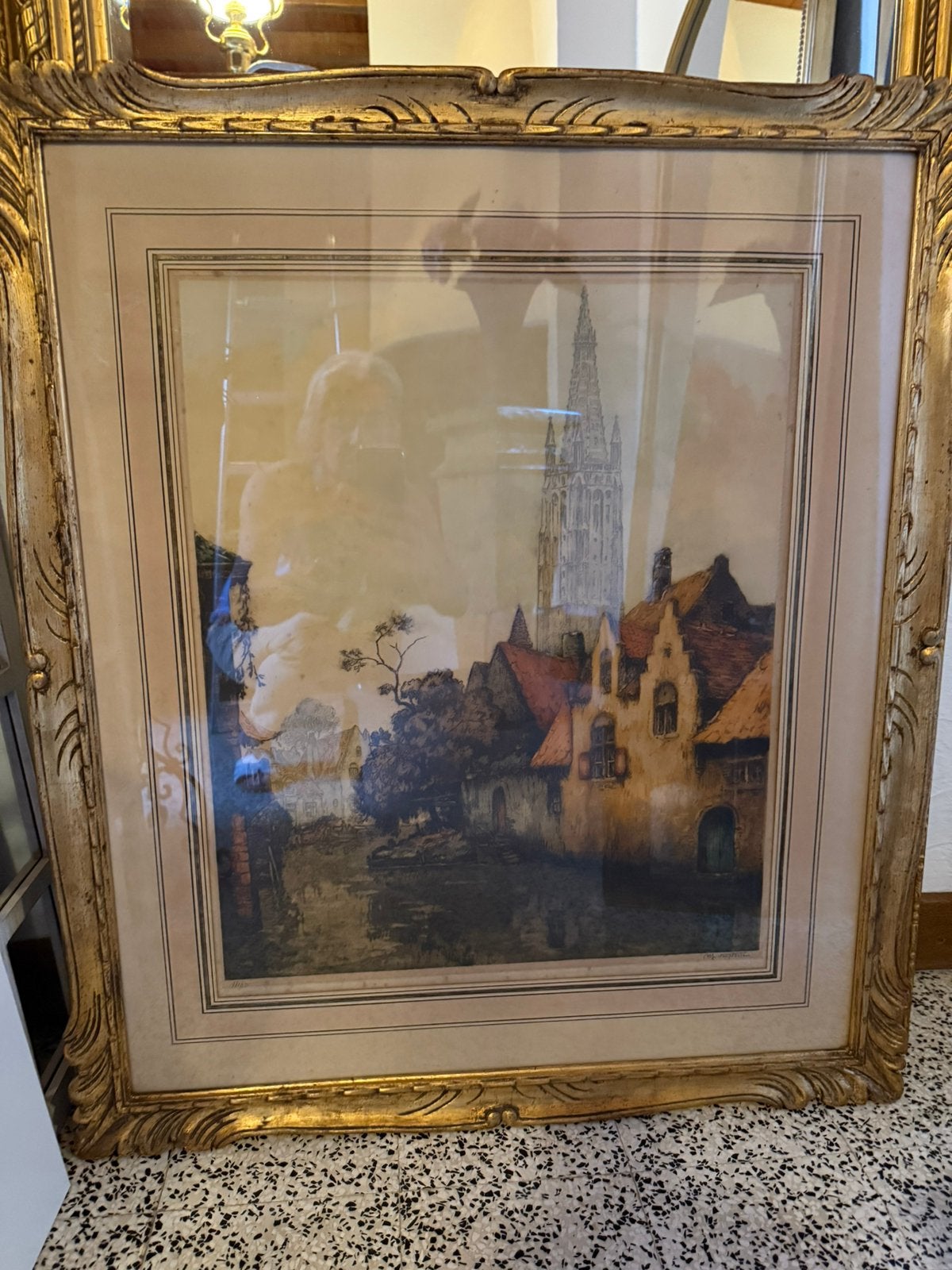 Grand cadre doré avec reproduction - Ernest Fox Bruxelles, Antiquités & Art, Enlèvement, Sous verre