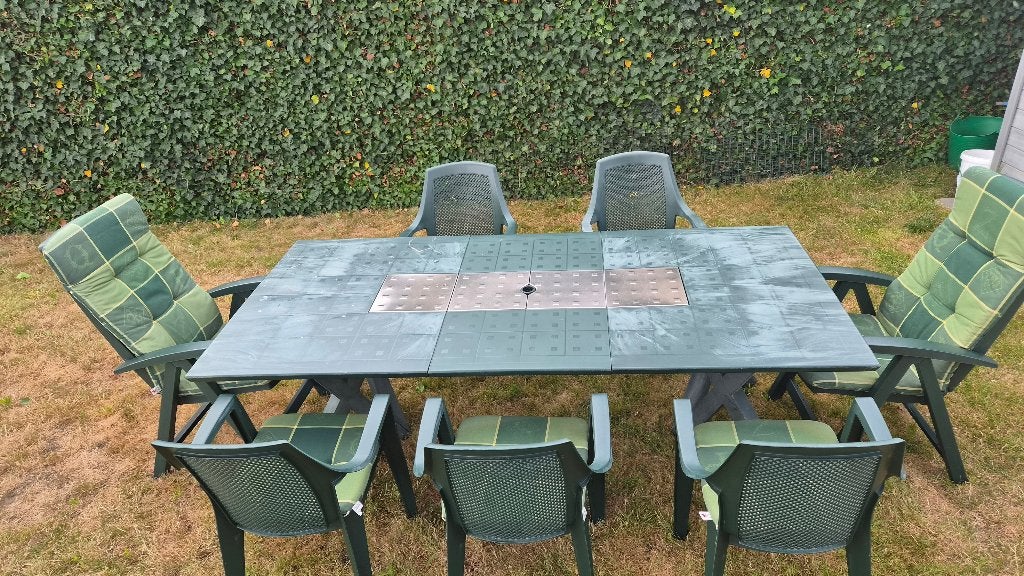Groene tuintafel set 2.25m of 1.65m + 7 stoelen + kussens, Chaise, Salons de jardin, Enlèvement, Utilisé
