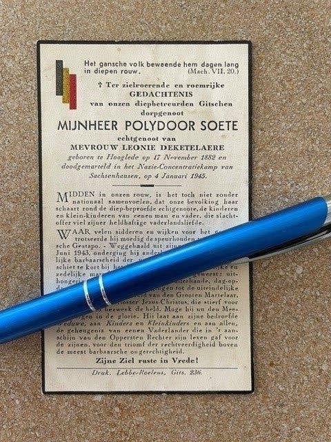 40-45 Le résistant Gits Soete torturé à mort  Sachsenhausen, Collections, Enlèvement ou Envoi, Image pieuse