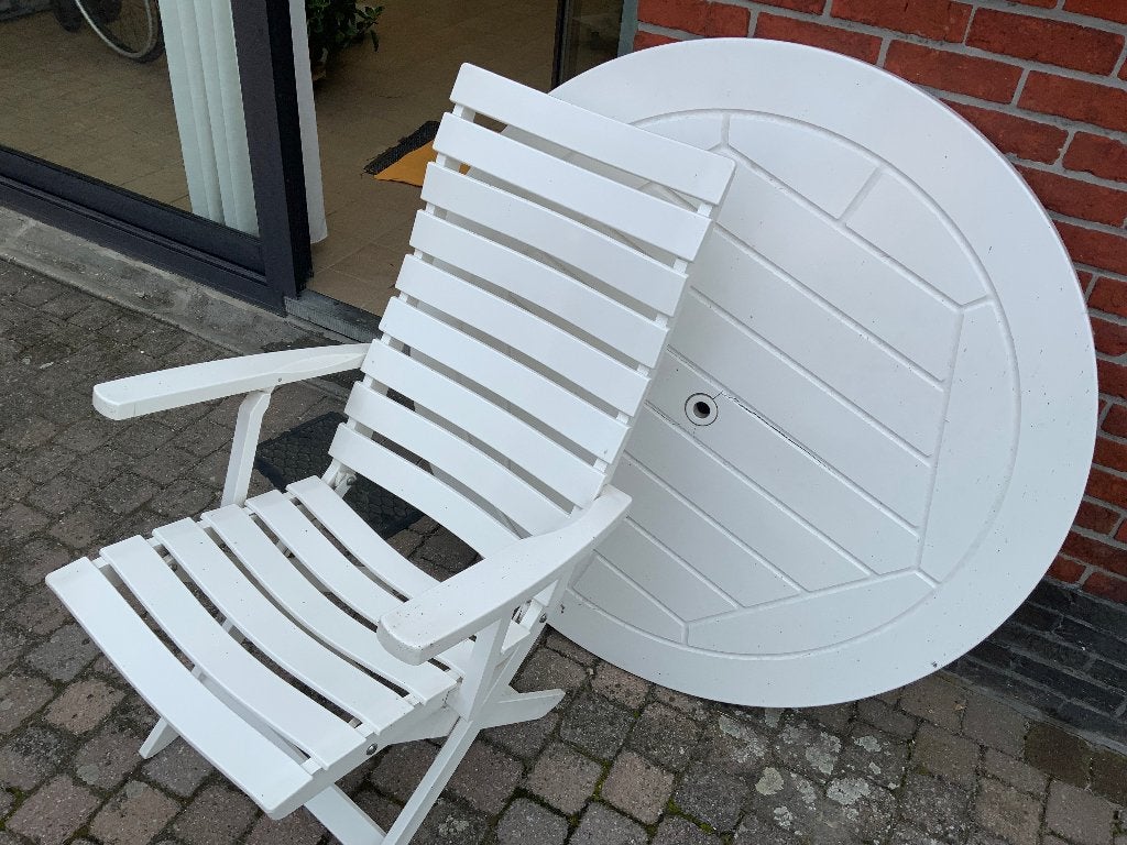 4 Tuinstoelen en tafel, Jardin & Terrasse, Chaises de jardin, Enlèvement, Utilisé, Synthétique, Pliant