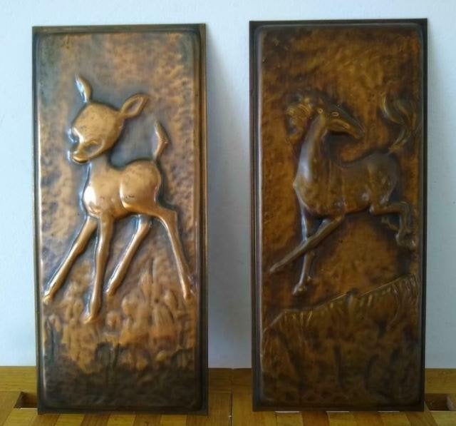 Antieke wandplaatjes, gehamerd koper, reetje en paard, Ophalen of Verzenden, Koper