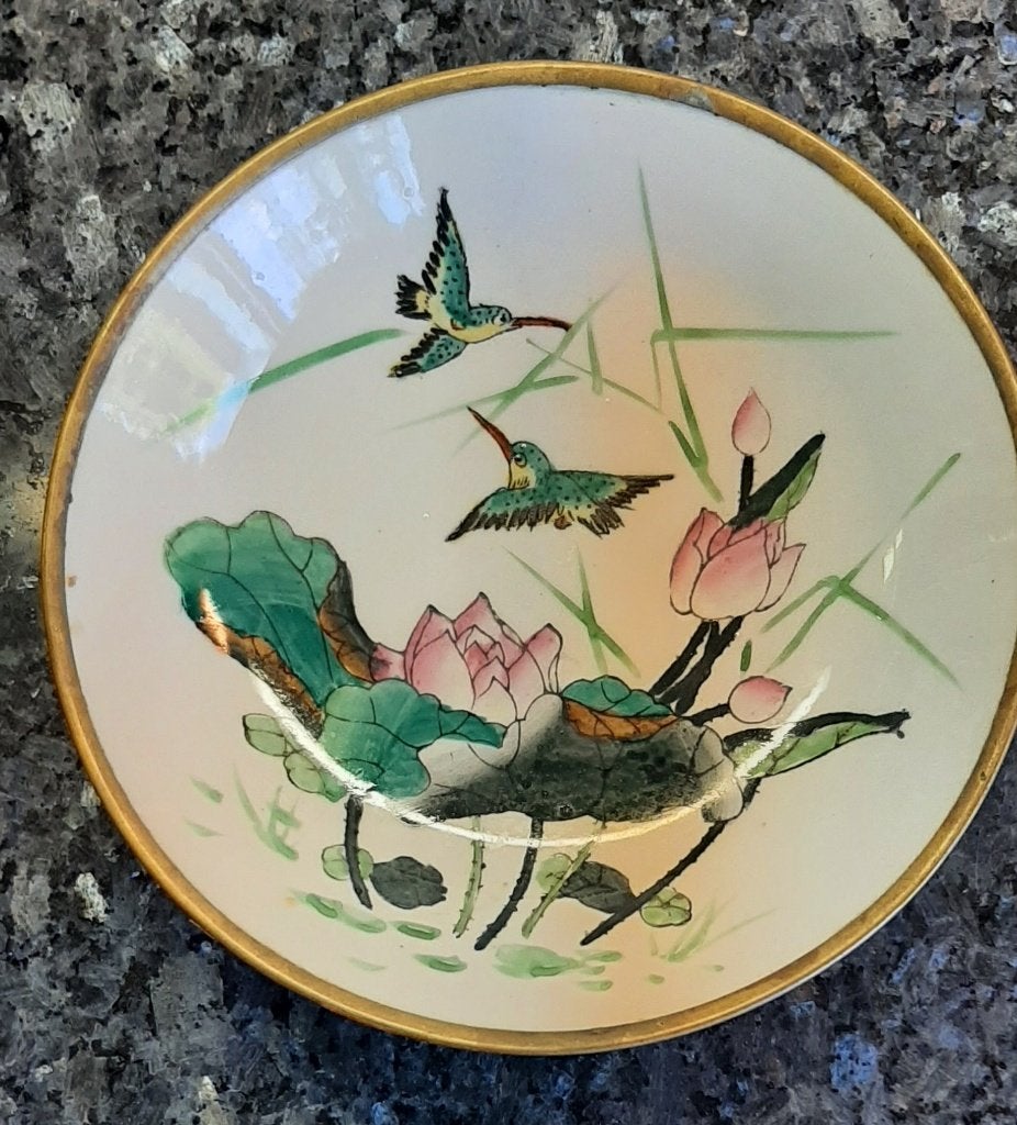 Vintage Chinees porseleinen schaaltje met koperen rand, Ophalen of Verzenden