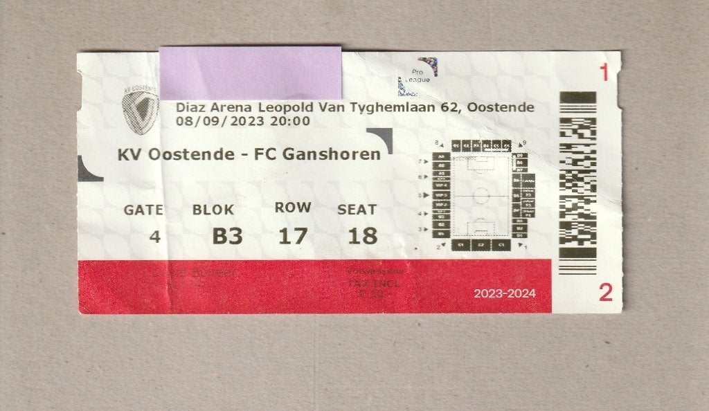 ticket KV Oostende - Ganshoren, Croky Cup, 08/09/2023, Ophalen of Verzenden, Gebruikt, Overige typen