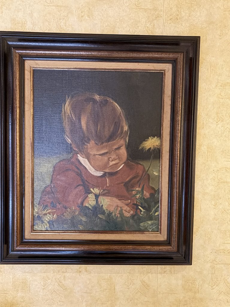 schilderij kind tussen de bloemen, Autres sujets, Peinture à l'huile, Enlèvement, Toile
