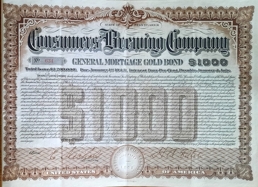 Consumer Brewing Company - 1943 - Pennsylvania, Timbres & Monnaies, Enlèvement ou Envoi, 1920 à 1950, Obligation ou Prêt
