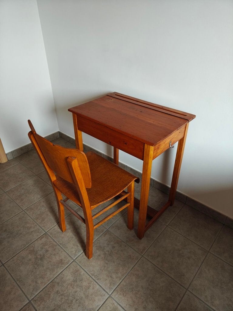 Vintage schoolbankje + stoel, Antiek en Kunst, Ophalen