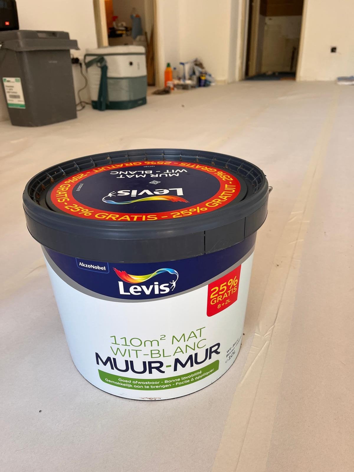 Levis Muurverf Mat Wit - 10L (8L + 2L Gratis) - Ongeopend /, Doe-het-zelf en Bouw, Ophalen, Nieuw, Wit