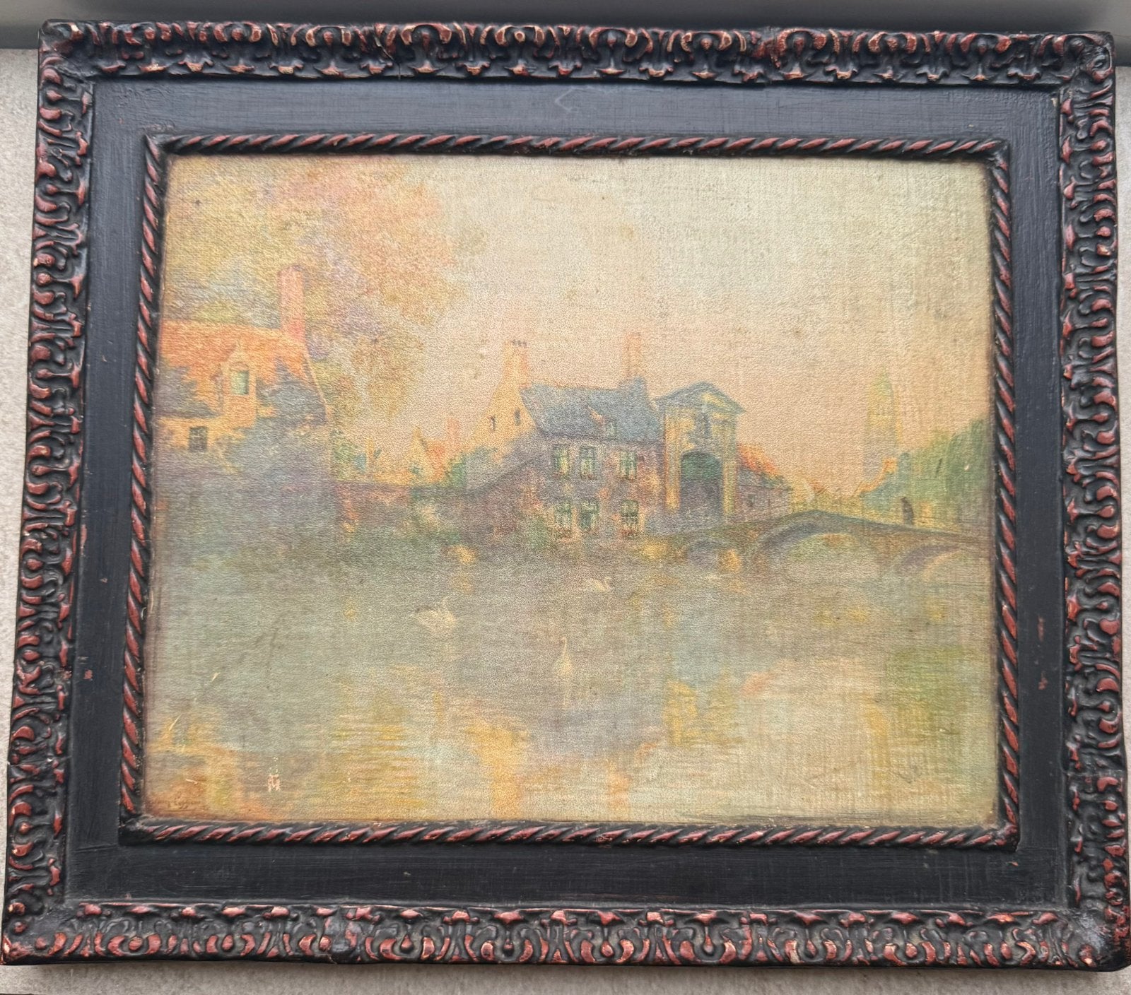 Antiek schilderij Begijnhof Brugge - Paneel (stijl Coppens), Ophalen of Verzenden, Klassiek, Olieverf, Paneel