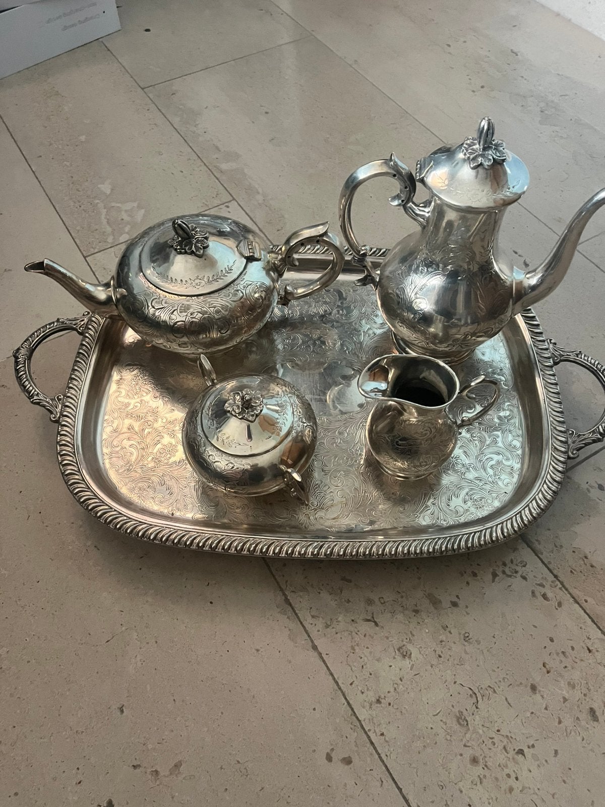 Ancien Service à Thé – Métal Argenté – 5 Pièces, Enlèvement, Métal, Ovale, Plateau de service