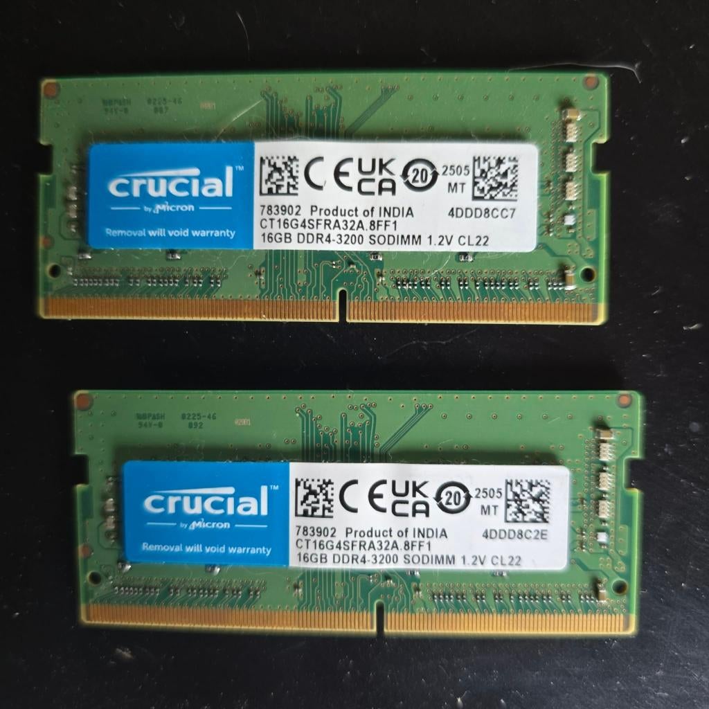 Crucial 32GB RAM (2*16GB, DDR4-3200, SO-DIMM), Computers en Software, RAM geheugen, Gebruikt, DDR4, Ophalen of Verzenden, Laptop