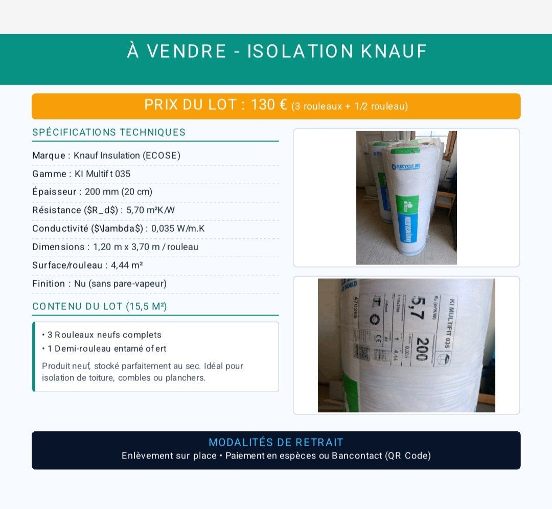 Isolant Knauf, Bricolage & Construction, Neuf, Laine de verre, Isolation de toiture, Enlèvement