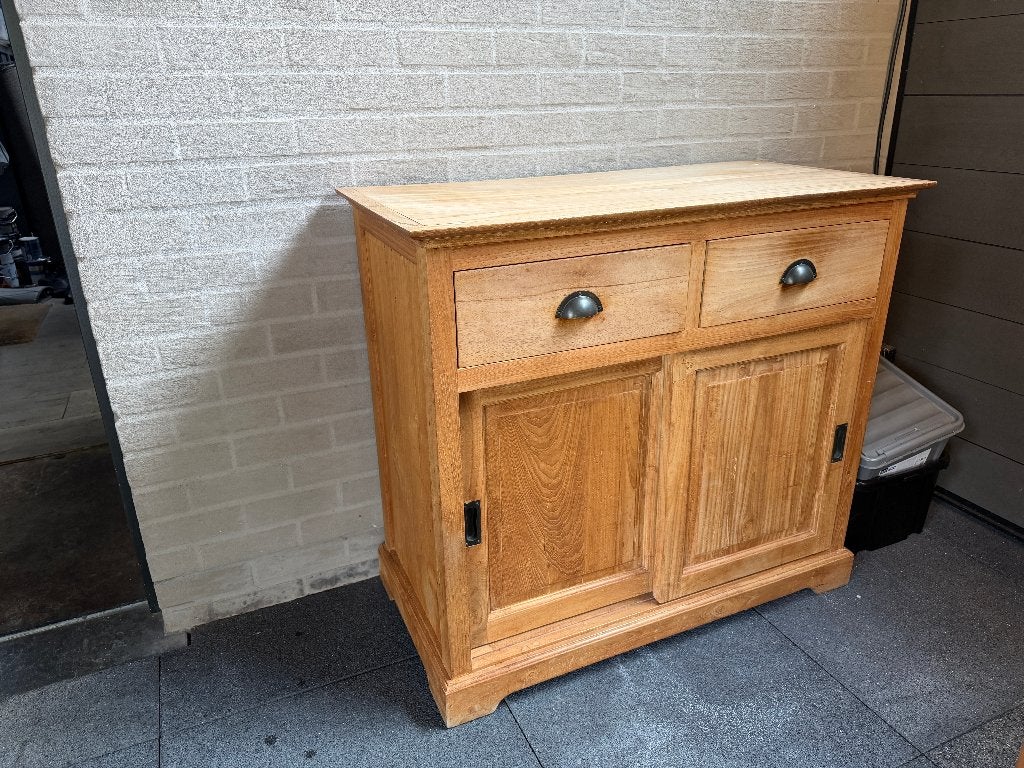 Massief teaken dressoir met schuifdeuren en twee schuiven, Ophalen, Gebruikt, Teakhout, Met lade(s)