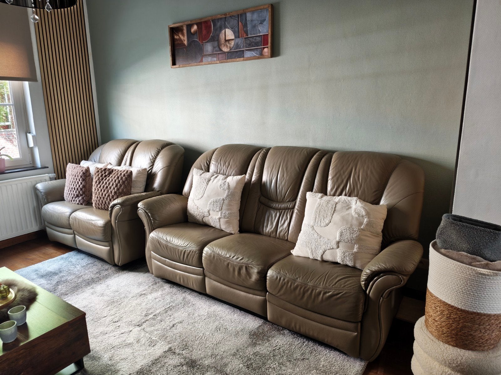 Canapé confortable en cuir véritable beige taupe, Enlèvement, Utilisé, Cuir