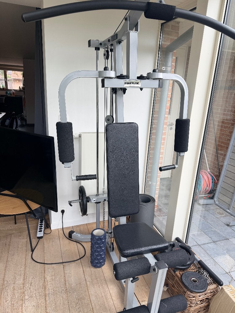 Powerline Home gym + 55 kg gewichten, Ophalen, Zo goed als nieuw, Benen, Fitnessbank