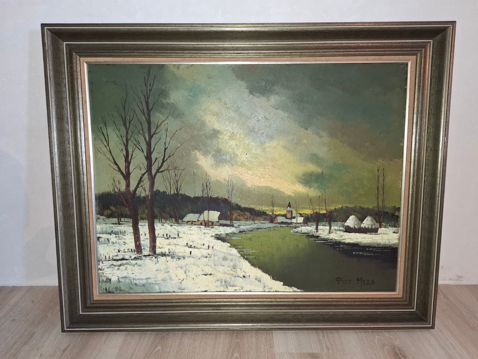 Winterlandschap Piet Mees afm. doek 78x59 cm, kader 95x75 cm, Ophalen, Gesigneerd, Landschap, Doek