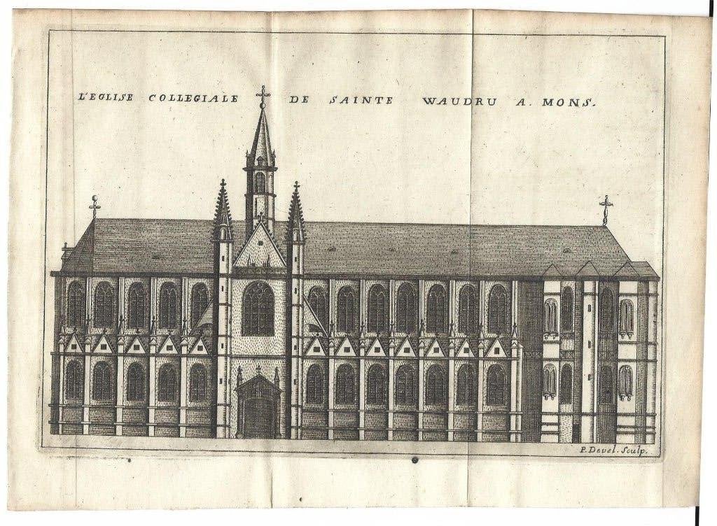 1711 - La cathédrale à Mons, Antiek en Kunst, Kunst | Etsen en Gravures, Verzenden, Architectuur, 1700 - 1799, Origineel
