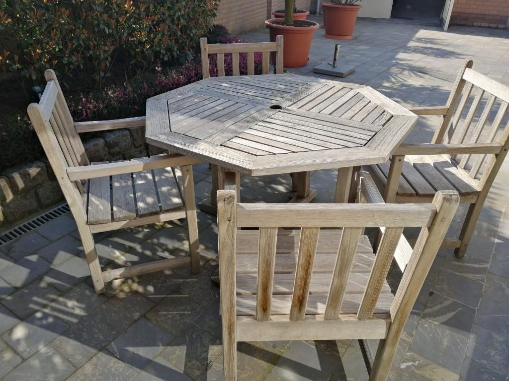Terrastafel met 4 stoelen, Ophalen, Gebruikt, Rond, Teakhout
