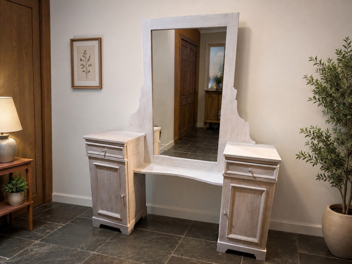 Prachtige grote landelijke kaptafel met spiegel – White Wash, Huis en Inrichting, Tafels | Kaptafels, Ophalen, Gebruikt, 100 tot 150 cm